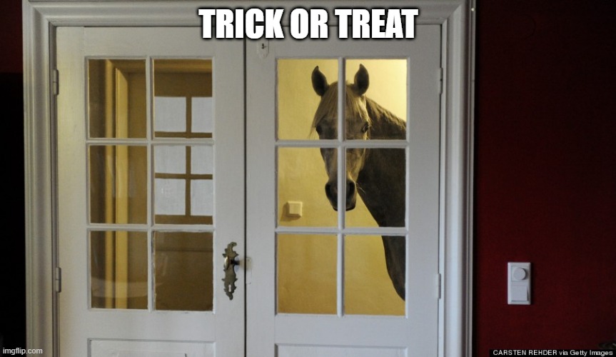 ominous horse | TRICK OR TREAT | image tagged in ominous horse | made w/ Imgflip meme maker