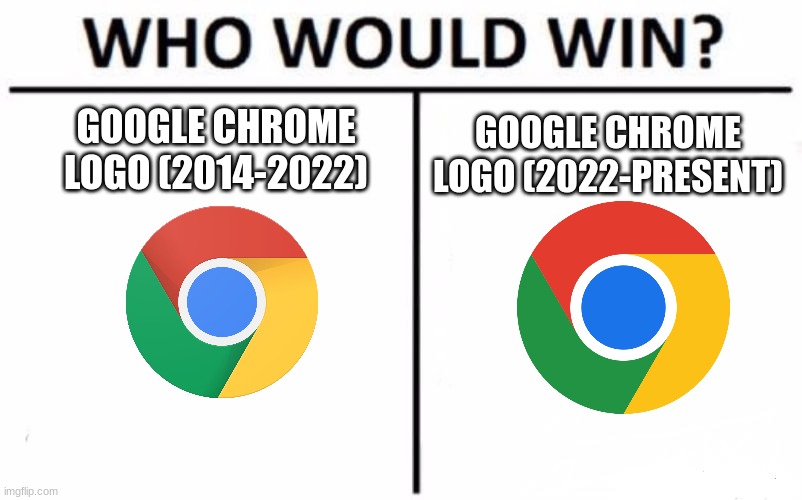 Who Would Win? | GOOGLE CHROME LOGO (2022-PRESENT); GOOGLE CHROME LOGO (2014-2022) | image tagged in memes,who would win,google chrome,chrome | made w/ Imgflip meme maker