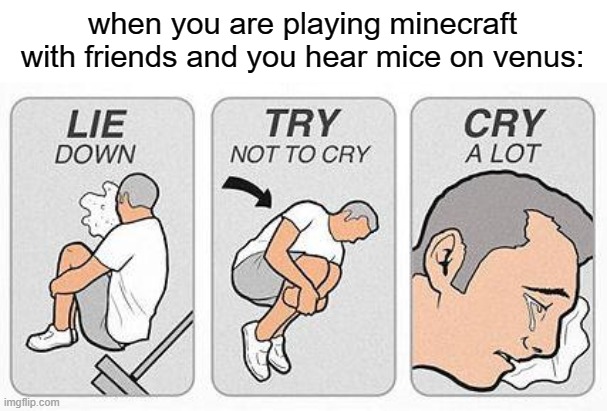 nostalgia | when you are playing minecraft with friends and you hear mice on venus: | image tagged in cry a lot | made w/ Imgflip meme maker