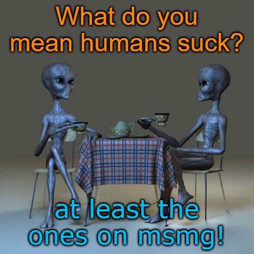 What do you mean humans suck? at least the ones on msmg! | image tagged in alien observations | made w/ Imgflip meme maker