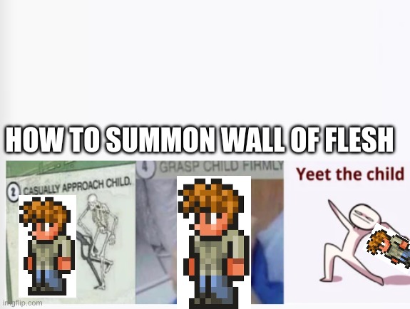 Sorry for not posting here for so long ^^” | HOW TO SUMMON WALL OF FLESH | image tagged in casually approach child grasp child firmly yeet the child | made w/ Imgflip meme maker