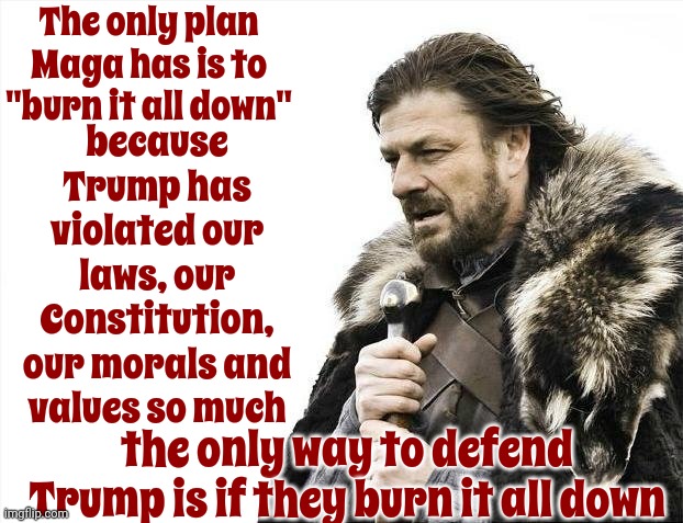 Trashy Trump | The only plan Maga has is to "burn it all down"; because Trump has violated our laws, our Constitution, our morals and values so much; the only way to defend Trump is if they burn it all down | image tagged in memes,brace yourselves x is coming,trashy trump,scumbag trump,lock him up,trump lies | made w/ Imgflip meme maker
