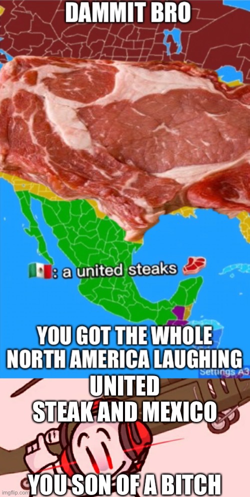 when i hear mexico say “a united steaks” | UNITED STEAK AND MEXICO; YOU SON OF A BITCH | image tagged in dammit bro you got the whole north america laughing,so true memes,skibidi toilet,hmmm yes | made w/ Imgflip meme maker