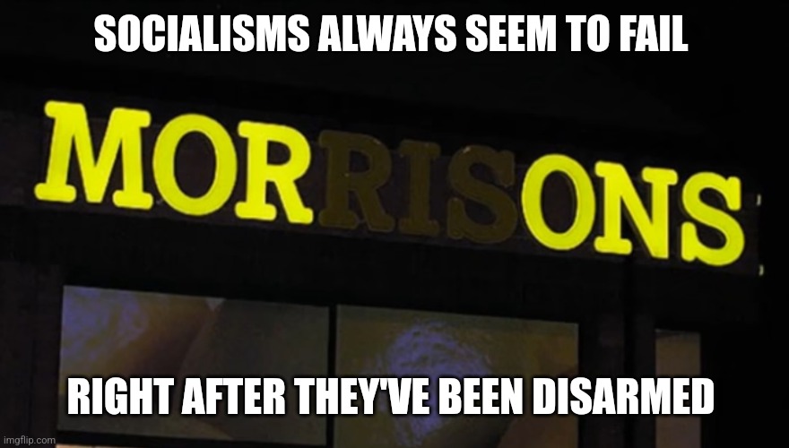 Morons | SOCIALISMS ALWAYS SEEM TO FAIL; RIGHT AFTER THEY'VE BEEN DISARMED | image tagged in morons,funny memes | made w/ Imgflip meme maker
