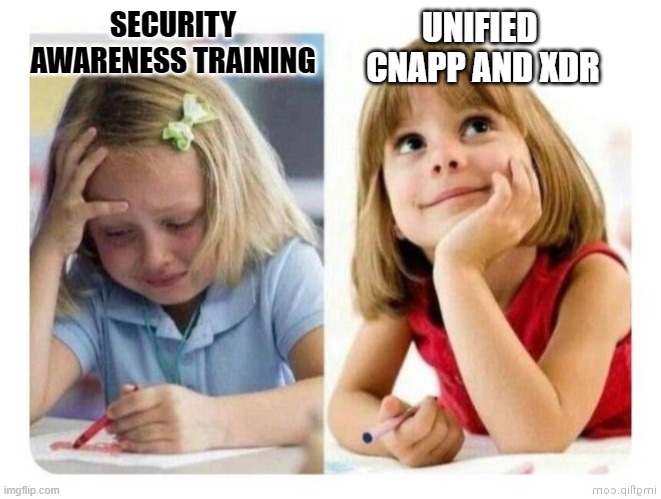 Cybersecurity awareness vs cybersecurity software | UNIFIED 
CNAPP AND XDR; SECURITY AWARENESS TRAINING | image tagged in thinking vs doing reversed,security,computer | made w/ Imgflip meme maker