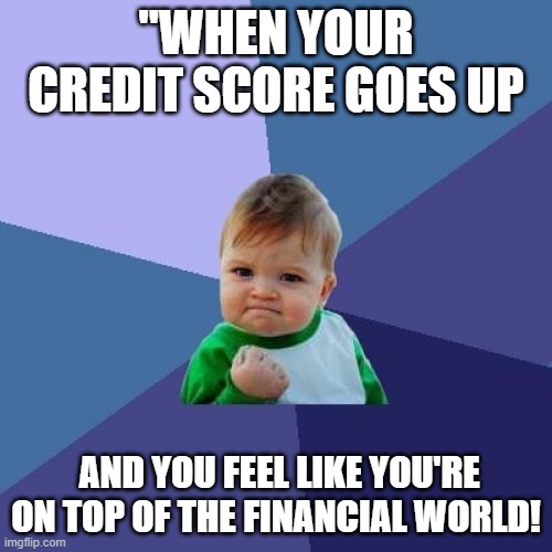 Success Kid Meme | "WHEN YOUR CREDIT SCORE GOES UP; AND YOU FEEL LIKE YOU'RE ON TOP OF THE FINANCIAL WORLD! | image tagged in memes,success kid | made w/ Imgflip meme maker