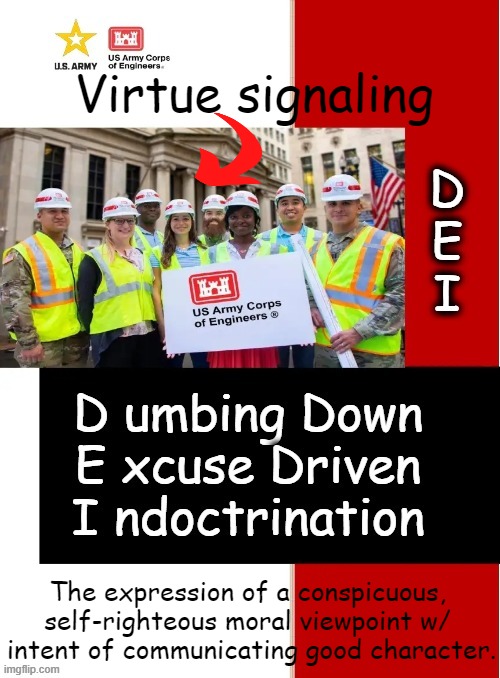 Virtue Signaling on Parade | Virtue signaling; The expression of a conspicuous, 
self-righteous moral viewpoint w/ 
intent of communicating good character. | image tagged in politics,dei,us army corps of engineers,virtue signalling,indoctrination,intolerance | made w/ Imgflip meme maker