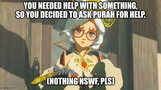 I'm thinking of doing Zelda, Ganon, Link, Tulin, or Sidon next. Rules in tags | YOU NEEDED HELP WITH SOMETHING, SO YOU DECIDED TO ASK PURAH FOR HELP. (NOTHING NSWF, PLS) | image tagged in joke ocs are allowed,nothing nsfw,zelda oc's welcome | made w/ Imgflip meme maker