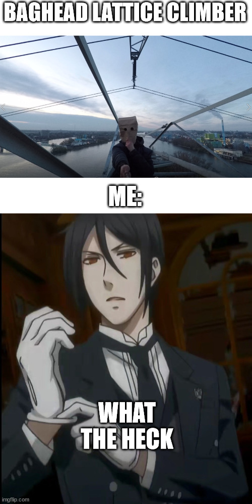 Baghead lattice climber | BAGHEAD LATTICE CLIMBER; ME:; WHAT THE HECK | image tagged in borntoclimbtowers,black butler,template,lattice climbing,germany,tower climber | made w/ Imgflip meme maker