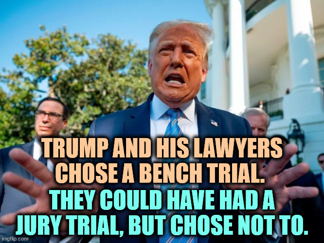 Crazy as a bedbug. | TRUMP AND HIS LAWYERS CHOSE A BENCH TRIAL. THEY COULD HAVE HAD A JURY TRIAL, BUT CHOSE NOT TO. | image tagged in trump,trial,judge,jury,insane,fraud | made w/ Imgflip meme maker