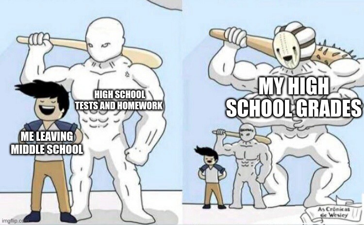 Bigger monster | MY HIGH SCHOOL GRADES; HIGH SCHOOL TESTS AND HOMEWORK; ME LEAVING MIDDLE SCHOOL | image tagged in bigger monster | made w/ Imgflip meme maker