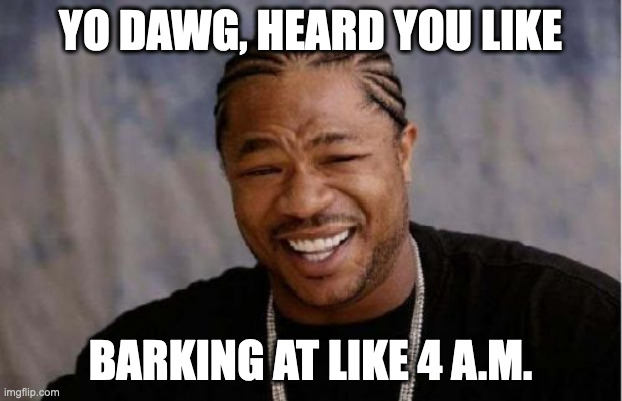 Yo Dawg Heard You | YO DAWG, HEARD YOU LIKE; BARKING AT LIKE 4 A.M. | image tagged in memes,yo dawg heard you | made w/ Imgflip meme maker