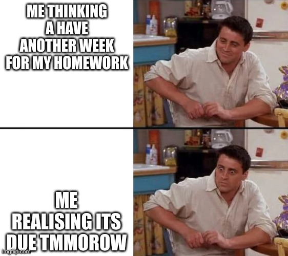 when you realise your homework is due tommorow | ME THINKING A HAVE ANOTHER WEEK FOR MY HOMEWORK; ME REALISING ITS DUE TOMORROW | image tagged in surprised joey | made w/ Imgflip meme maker