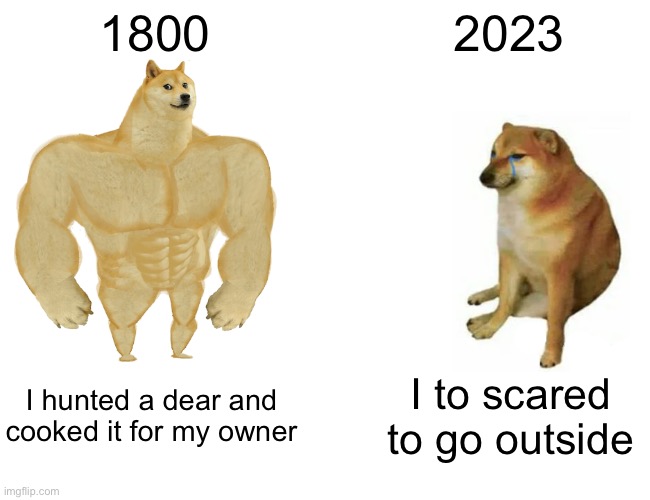 Literally this is all dogs | 1800; 2023; I hunted a dear and cooked it for my owner; I to scared to go outside | image tagged in memes,buff doge vs cheems | made w/ Imgflip meme maker
