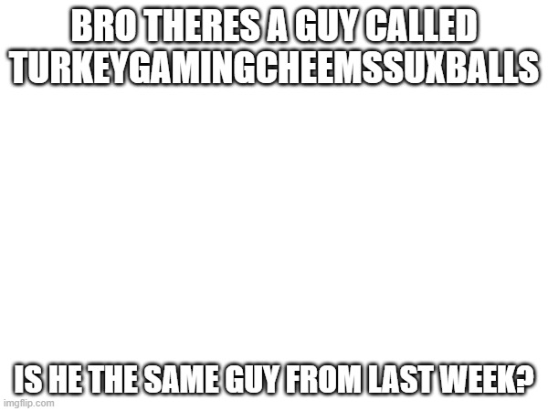 is this going to be the same thing again? | BRO THERES A GUY CALLED TURKEYGAMINGCHEEMSSUXBALLS; IS HE THE SAME GUY FROM LAST WEEK? | image tagged in hol up | made w/ Imgflip meme maker