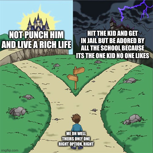 the right path | HIT THE KID AND GET IN JAIL BUT BE ADORED BY ALL THE SCHOOL BECAUSE ITS THE ONE KID NO ONE LIKES; NOT PUNCH HIM AND LIVE A RICH LIFE; ME OH WELL THEIRS ONLY ONE RIGHT OPTION, RIGHT | image tagged in two paths | made w/ Imgflip meme maker