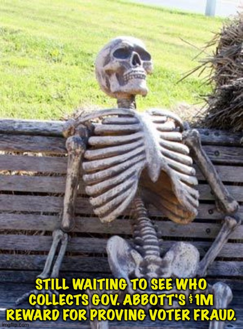 Nobody collecting | STILL WAITING TO SEE WHO COLLECTS GOV. ABBOTT'S $1M REWARD FOR PROVING VOTER FRAUD. | image tagged in memes,waiting skeleton | made w/ Imgflip meme maker