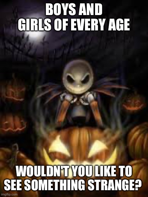 You know the song. Now continue it. | BOYS AND GIRLS OF EVERY AGE; WOULDN'T YOU LIKE TO SEE SOMETHING STRANGE? | image tagged in this is halloween,halloween,memes,song,nightmare before christmas | made w/ Imgflip meme maker