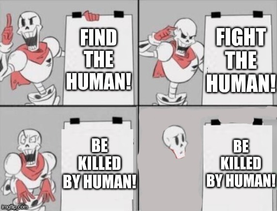 Poor Papyrus | FIGHT THE HUMAN! FIND THE HUMAN! BE KILLED BY HUMAN! BE KILLED BY HUMAN! | image tagged in papyrus plan | made w/ Imgflip meme maker