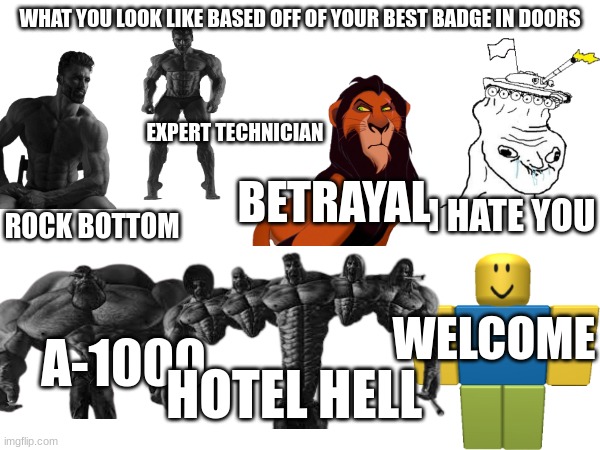 Whats your highest badge? | WHAT YOU LOOK LIKE BASED OFF OF YOUR BEST BADGE IN DOORS; EXPERT TECHNICIAN; BETRAYAL; I HATE YOU; ROCK BOTTOM; WELCOME; A-1000; HOTEL HELL | image tagged in doors,what you look like | made w/ Imgflip meme maker