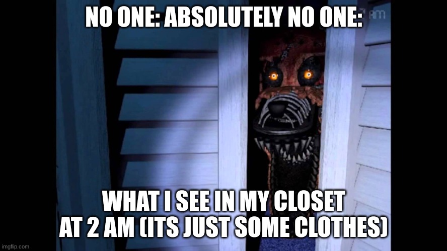 fr fr be looking like some monster | NO ONE: ABSOLUTELY NO ONE:; WHAT I SEE IN MY CLOSET AT 2 AM (ITS JUST SOME CLOTHES) | image tagged in foxy fnaf 4 | made w/ Imgflip meme maker