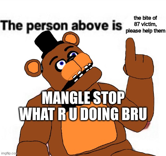 MANGLE STAHP | the bite of 87 victim, please help them; MANGLE STOP WHAT R U DOING BRU | image tagged in the person above fnaf | made w/ Imgflip meme maker