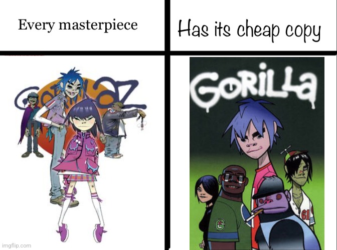 The funny thing is that these are both official art | image tagged in every masterpiece has its cheap copy,gorilla | made w/ Imgflip meme maker