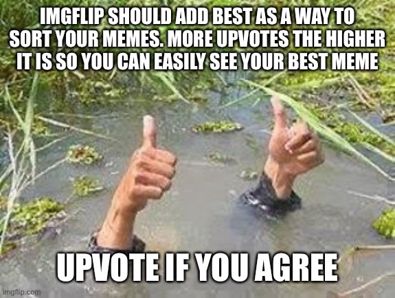 Imgflip Add This | IMGFLIP SHOULD ADD BEST AS A WAY TO SORT YOUR MEMES. MORE UPVOTES THE HIGHER IT IS SO YOU CAN EASILY SEE YOUR BEST MEME; UPVOTE IF YOU AGREE | image tagged in flooding thumbs up,imgflip,upvote if you agree | made w/ Imgflip meme maker