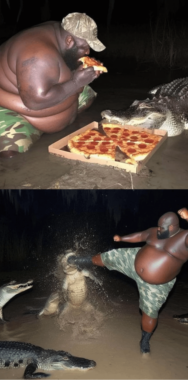 High Quality Fat man kicks crocodile for eating pizza Blank Meme Template
