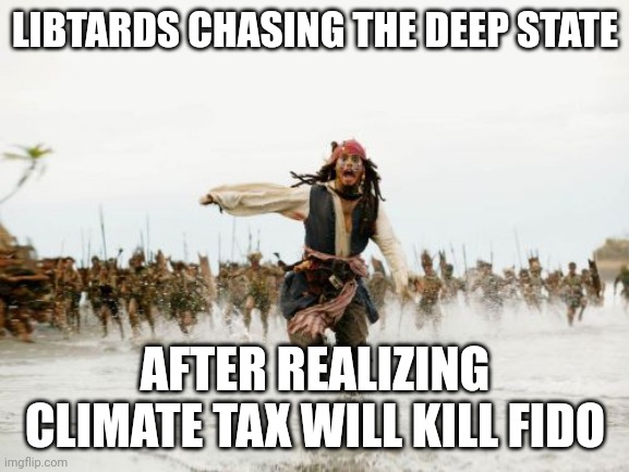 Dog and cat sacrifice | LIBTARDS CHASING THE DEEP STATE; AFTER REALIZING CLIMATE TAX WILL KILL FIDO | image tagged in memes,jack sparrow being chased | made w/ Imgflip meme maker