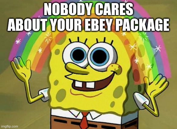 Imagination Spongebob Meme | NOBODY CARES ABOUT YOUR EBEY PACKAGE | image tagged in memes,imagination spongebob | made w/ Imgflip meme maker