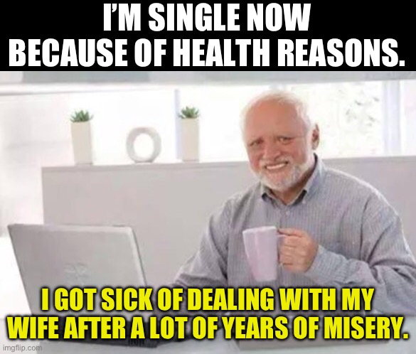 Health | I’M SINGLE NOW BECAUSE OF HEALTH REASONS. I GOT SICK OF DEALING WITH MY WIFE AFTER A LOT OF YEARS OF MISERY. | image tagged in harold | made w/ Imgflip meme maker