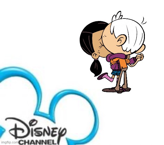 Lincoln and Ronnie Anne are kissing in front of the Disney Channel logo | image tagged in disney channel,lincoln loud,ronnie anne,the loud house,girl,nickelodeon | made w/ Imgflip meme maker