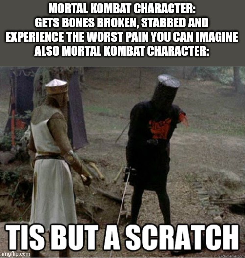 Brutality | MORTAL KOMBAT CHARACTER: GETS BONES BROKEN, STABBED AND EXPERIENCE THE WORST PAIN YOU CAN IMAGINE
ALSO MORTAL KOMBAT CHARACTER: | image tagged in tis but a scratch | made w/ Imgflip meme maker