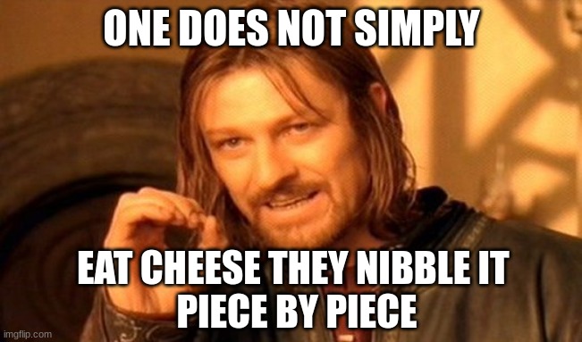 chez in my tum tum is very yum yum | ONE DOES NOT SIMPLY; EAT CHEESE THEY NIBBLE IT 
PIECE BY PIECE | image tagged in memes,one does not simply | made w/ Imgflip meme maker