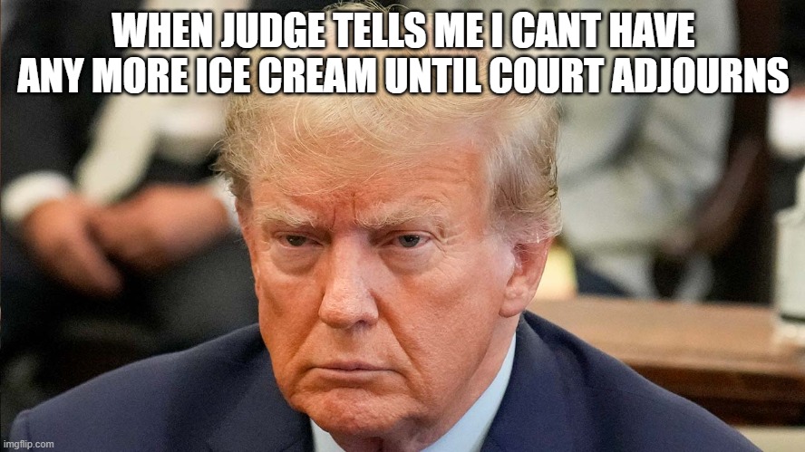 its a witch hunt | WHEN JUDGE TELLS ME I CANT HAVE ANY MORE ICE CREAM UNTIL COURT ADJOURNS | image tagged in president donald trump new york state trial,witch hunt,trial,courthouse,civil suit,president trump | made w/ Imgflip meme maker