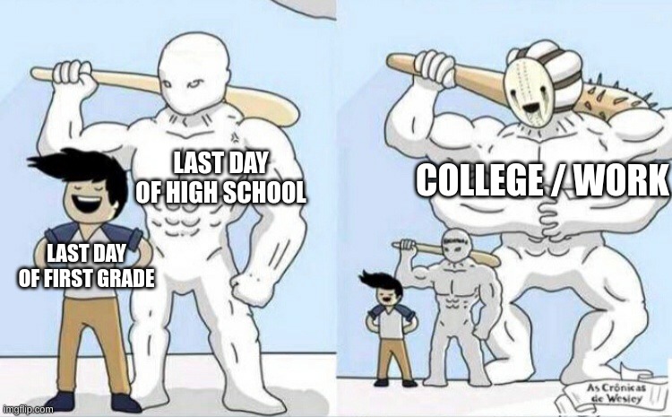 Bigger monster | COLLEGE / WORK; LAST DAY OF HIGH SCHOOL; LAST DAY OF FIRST GRADE | image tagged in bigger monster | made w/ Imgflip meme maker