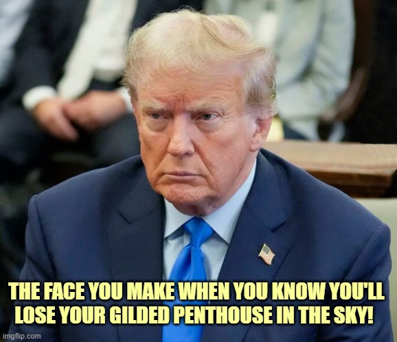 Trump In Court For His Fraud Trial | THE FACE YOU MAKE WHEN YOU KNOW YOU'LL; LOSE YOUR GILDED PENTHOUSE IN THE SKY! | image tagged in donald trump,fraud,trump tower,penthouse | made w/ Imgflip meme maker