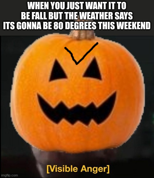 WHEN YOU JUST WANT IT TO BE FALL BUT THE WEATHER SAYS ITS GONNA BE 80 DEGREES THIS WEEKEND | image tagged in visible anger | made w/ Imgflip meme maker