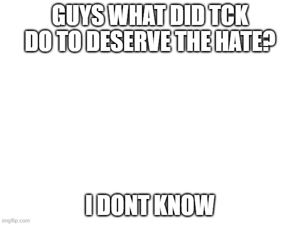 GUYS WHAT DID TCK DO TO DESERVE THE HATE? I DONT KNOW | made w/ Imgflip meme maker