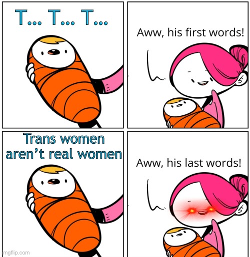 Aww, His Last Words | T… T… T…; Trans women aren’t real women | image tagged in aww his last words,memes | made w/ Imgflip meme maker