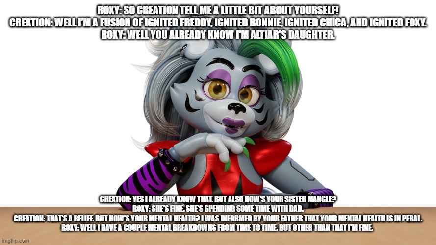roxy interviews creation | ROXY: SO CREATION TELL ME A LITTLE BIT ABOUT YOURSELF!
CREATION: WELL I'M A FUSION OF IGNITED FREDDY, IGNITED BONNIE, IGNITED CHICA, AND IGNITED FOXY.
ROXY: WELL YOU ALREADY KNOW I'M ALTIAR'S DAUGHTER. CREATION: YES I ALREADY KNOW THAT. BUT ALSO HOW'S YOUR SISTER MANGLE?
ROXY: SHE'S FINE. SHE'S SPENDING SOME TIME WITH DAD.
CREATION: THAT'S A RELIEF. BUT HOW'S YOUR MENTAL HEALTH? I WAS INFORMED BY YOUR FATHER THAT YOUR MENTAL HEALTH IS IN PERAL.
ROXY: WELL I HAVE A COUPLE MENTAL BREAKDOWNS FROM TIME TO TIME. BUT OTHER THAN THAT I'M FINE. | image tagged in fnaf security breach | made w/ Imgflip meme maker