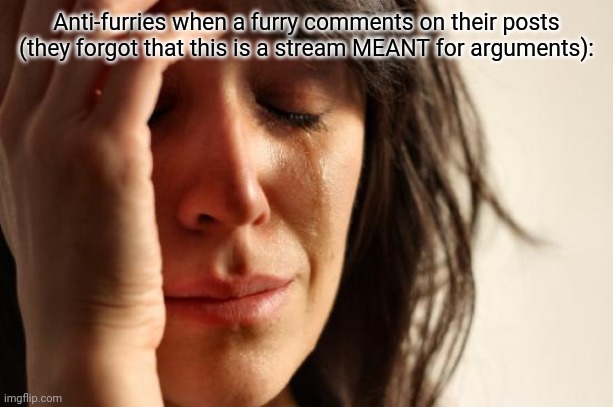 First World Problems Meme | Anti-furries when a furry comments on their posts (they forgot that this is a stream MEANT for arguments): | image tagged in memes,first world problems | made w/ Imgflip meme maker