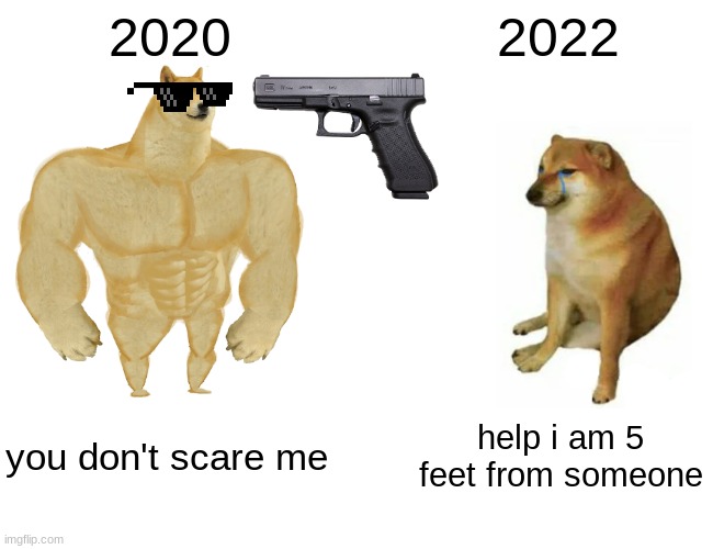 Buff Doge vs. Cheems Meme | 2020; 2022; you don't scare me; help i am 5 feet from someone | image tagged in memes,buff doge vs cheems | made w/ Imgflip meme maker