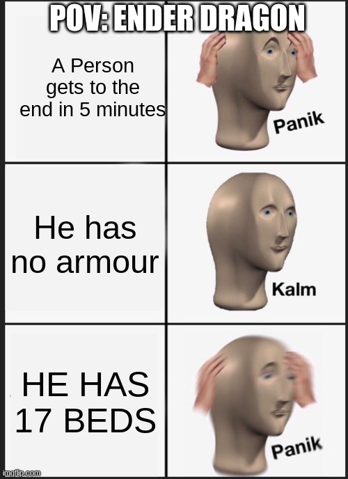 Oh noes! | POV: ENDER DRAGON; A Person gets to the end in 5 minutes; He has no armour; HE HAS 17 BEDS | image tagged in memes,panik kalm panik | made w/ Imgflip meme maker
