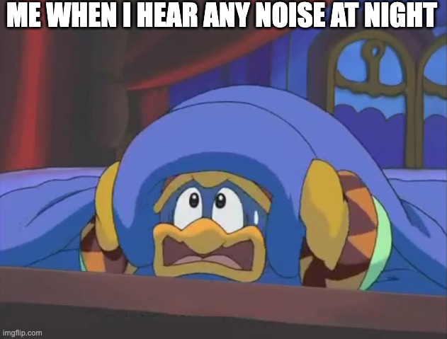 Scared Dedede | ME WHEN I HEAR ANY NOISE AT NIGHT | image tagged in scared dedede | made w/ Imgflip meme maker