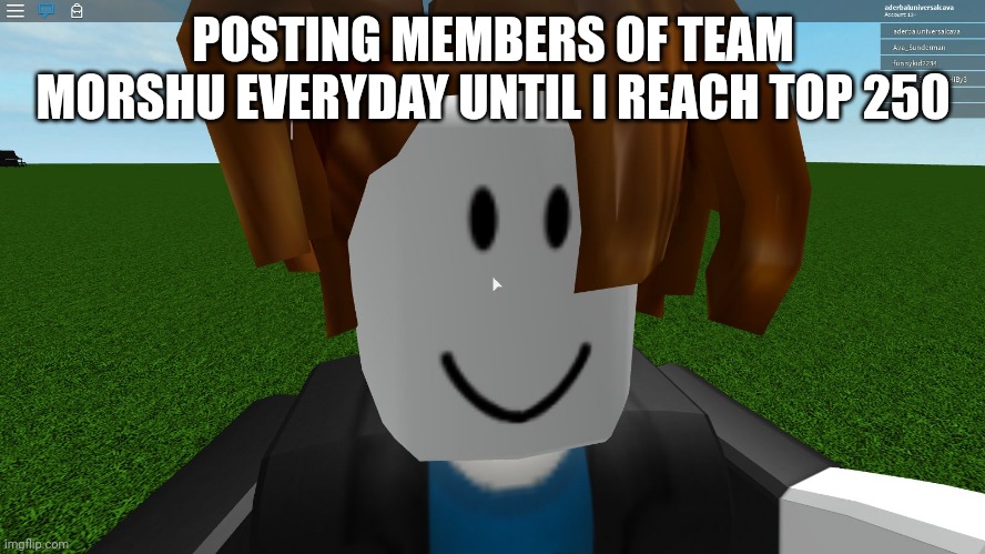 Day 24 | POSTING MEMBERS OF TEAM MORSHU EVERYDAY UNTIL I REACH TOP 250 | image tagged in roblox bacon hair | made w/ Imgflip meme maker