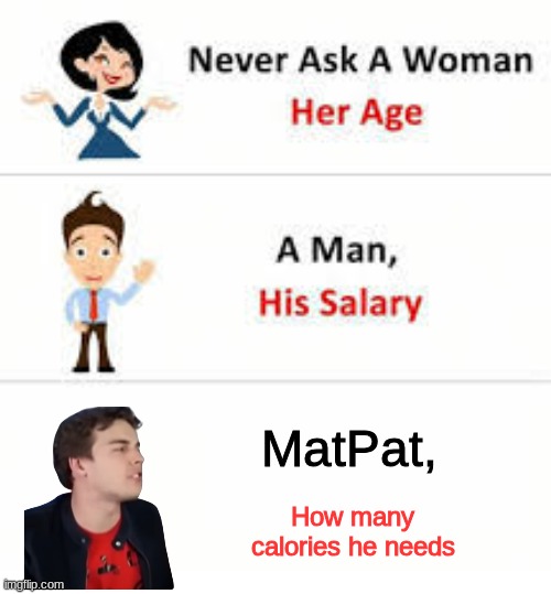 Don't you tell me how many calories I need bi- | MatPat, How many calories he needs | image tagged in never ask a woman her age,matpat,calories,youtuber | made w/ Imgflip meme maker