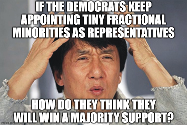 Jackie Chan Confused | IF THE DEMOCRATS KEEP APPOINTING TINY FRACTIONAL MINORITIES AS REPRESENTATIVES; HOW DO THEY THINK THEY WILL WIN A MAJORITY SUPPORT? | image tagged in jackie chan confused | made w/ Imgflip meme maker