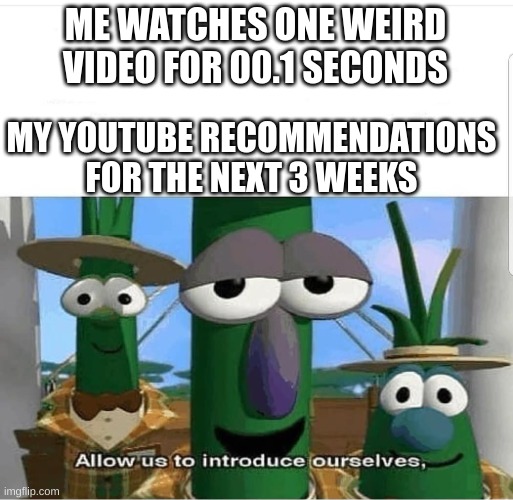 Allow us to introduce ourselves | ME WATCHES ONE WEIRD VIDEO FOR 00.1 SECONDS; MY YOUTUBE RECOMMENDATIONS FOR THE NEXT 3 WEEKS | image tagged in allow us to introduce ourselves | made w/ Imgflip meme maker
